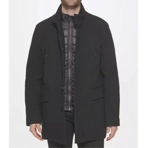 Cole Haan Men's Large Black Wool Twill Topper Coat with Water Resistant Bib
